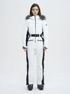 Combinaison de ski évasée pour femme, style montagne chic, avec bordure en fausse fourrure.