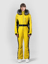 Combinaison de ski une pièce chic à capuche en fourrure pour femme, haute performance.