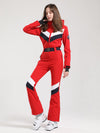Combinaison de ski Gsou Snow Retro pour femme, à rayures en V et ceinture évasée.