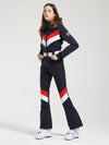 Combinaison de ski Gsou Snow Retro pour femme, à rayures en V et ceinture évasée.