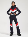 Combinaison de ski une pièce Gsou Snow rétro pour femme, à rayures en V et ceinture évasée