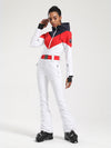 Combinaison de ski une pièce Gsou Snow rétro pour femme, à ceinture et coupe évasée colorée.