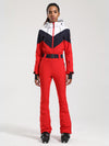 Combinaison de ski une pièce Gsou Snow rétro pour femme, à ceinture et coupe évasée colorée.