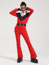 Combinaison de ski une pièce Gsou Snow rétro pour femme, à ceinture et coupe évasée color-block.