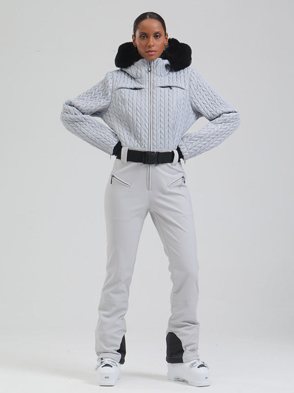 Combinaison de ski évasée Gsou Snow Mountain Chic pour femme, ornée de fausse fourrure.