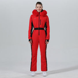 Combinaison de ski une pièce à capuche en fourrure pour femme, style chic et expérimenté
