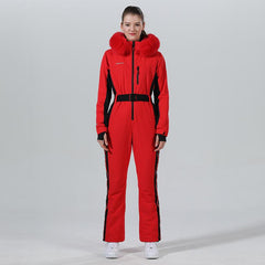 Combinaison de ski une pièce à capuche en fourrure pour femme, style chic et expérimenté
