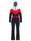 Combinaison de ski une pièce Gsou Snow rétro pour femme, à ceinture et coupe évasée colorée.