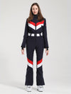 Combinaison de ski Gsou Snow Retro pour femme, à rayures en V et ceinture évasée.