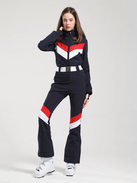 Combinaison de ski Gsou Snow Retro pour femme, à rayures en V et ceinture évasée.