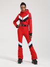 Combinaison de ski une pièce Gsou Snow rétro pour femme, à rayures en V et ceinture évasée