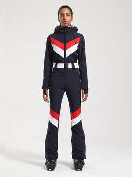 Combinaison de ski une pièce Gsou Snow rétro pour femme, à rayures en V et ceinture évasée