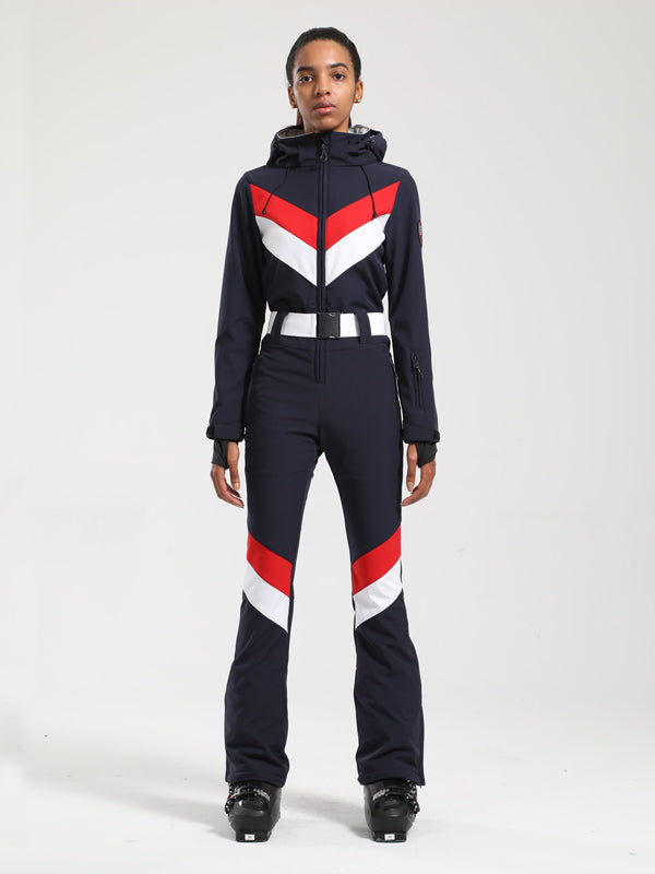 Combinaison de ski une pièce Gsou Snow rétro pour femme, à rayures en V et ceinture évasée