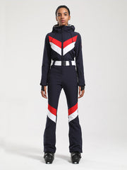 Combinaison de ski une pièce Gsou Snow rétro pour femme, à rayures en V et ceinture évasée