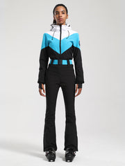Combinaison de ski une pièce Gsou Snow rétro pour femme, à ceinture et coupe évasée colorée.