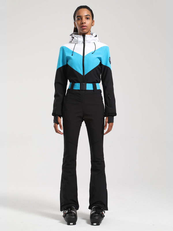 Combinaison de ski une pièce Gsou Snow rétro pour femme, à ceinture et coupe évasée color-block.
