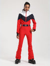 Combinaison de ski une pièce Gsou Snow rétro pour femme, à ceinture et coupe évasée color-block.