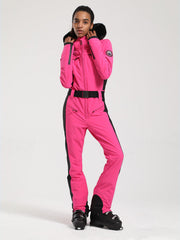 Combinaison de ski une pièce Gsou Snow Classic pour femme, coupe évasée, bordure en fausse fourrure, modèle Dawn.